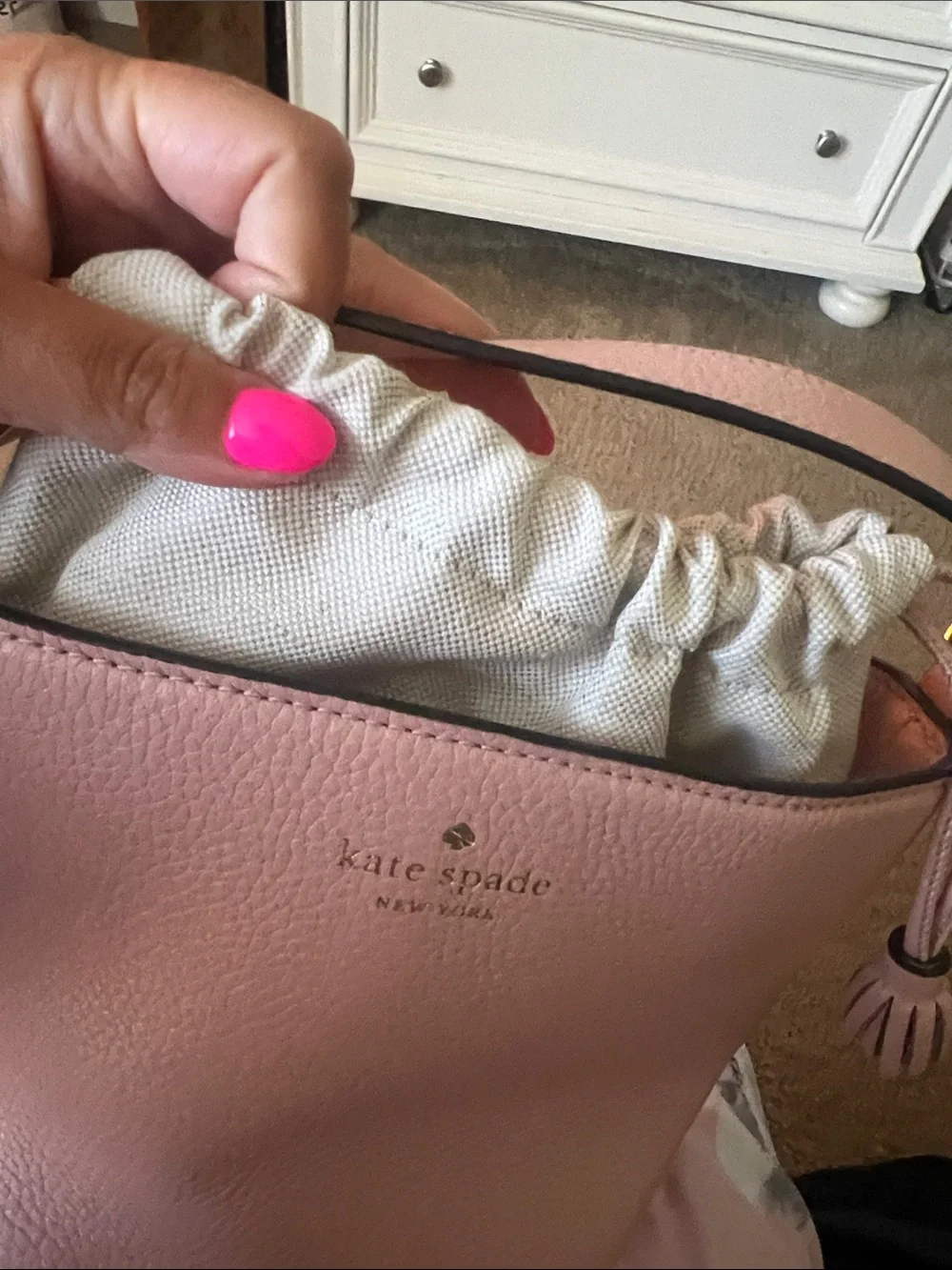 NWOT Kate Spade Pink Pebbled Leather Drawstring Bucket Crossbody